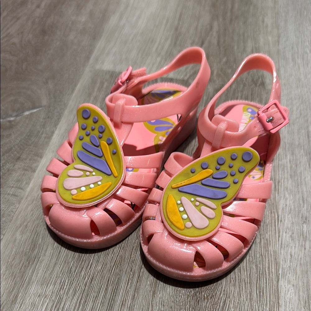 EUC Mini Melissa Pink Butterfly Kids Sandals sz 9(25/26 eu) -run small!